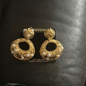 Gold and Cream Baroque Hoop Earrings with Ornate Detailing